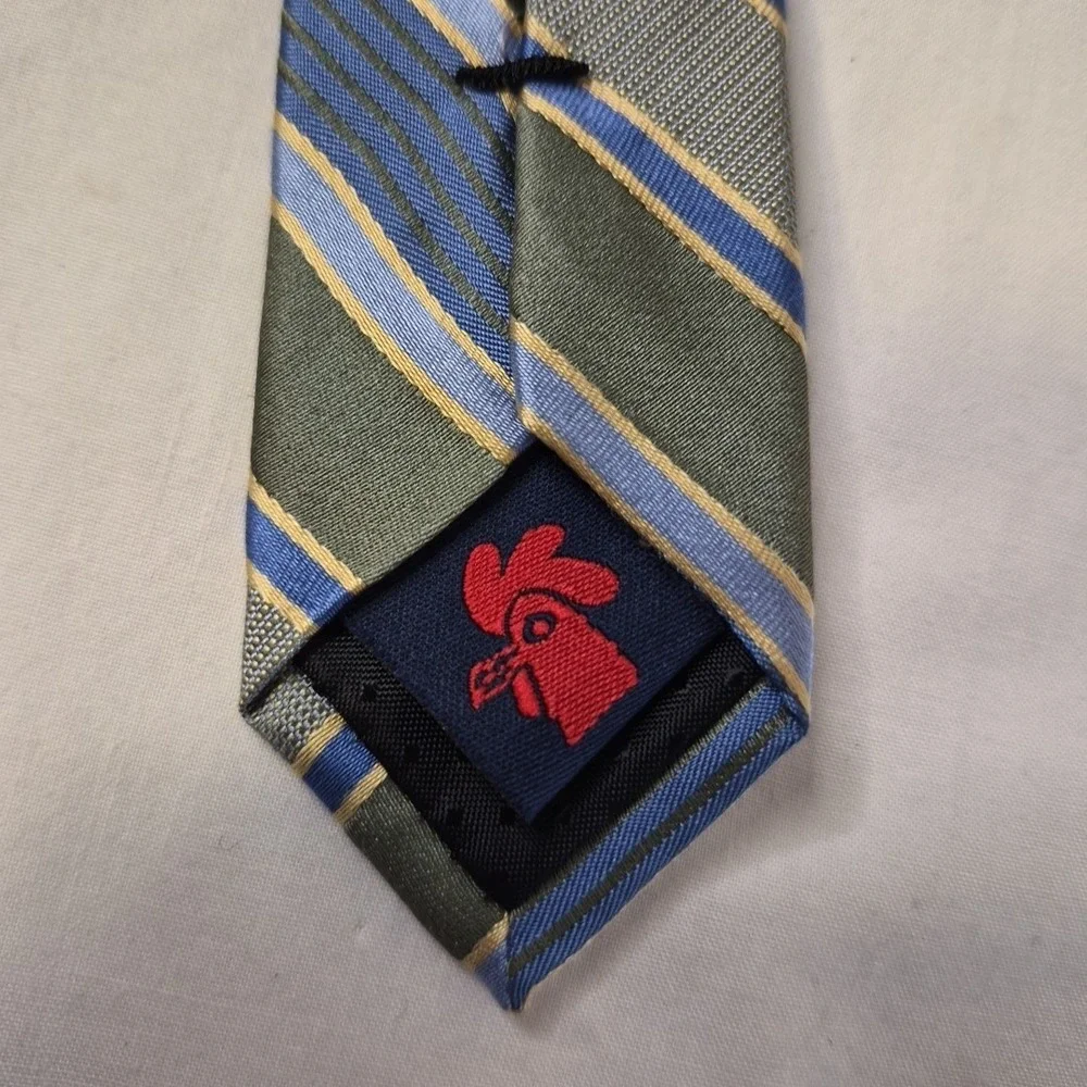 Rooster Mens Tie Green Blue Gold‎ Diagonal Stripe Silk Necktie Executive Office